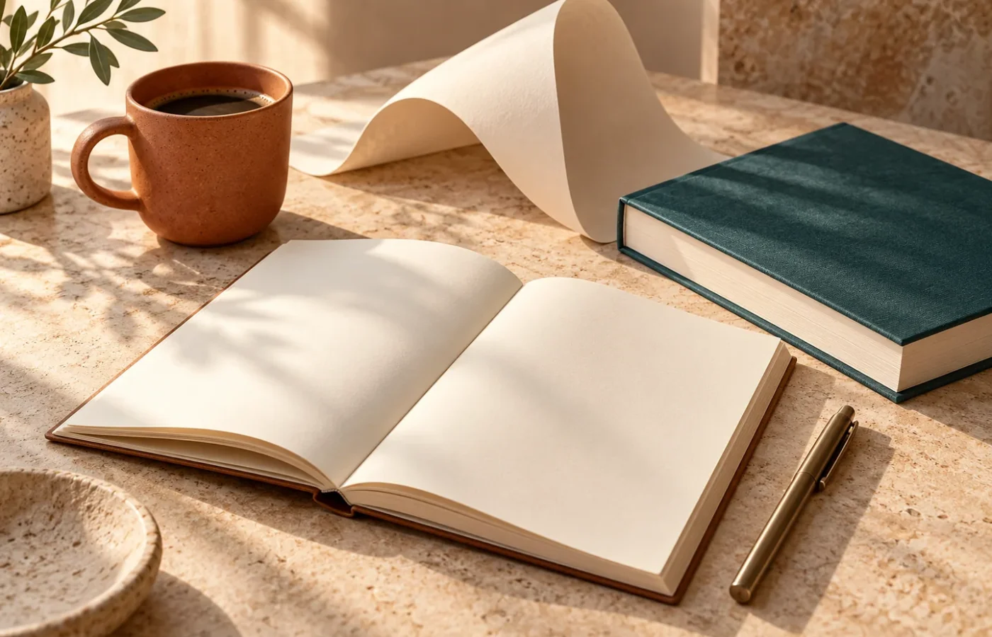 A notebook, book and ceramic cup on a warm stone desk.