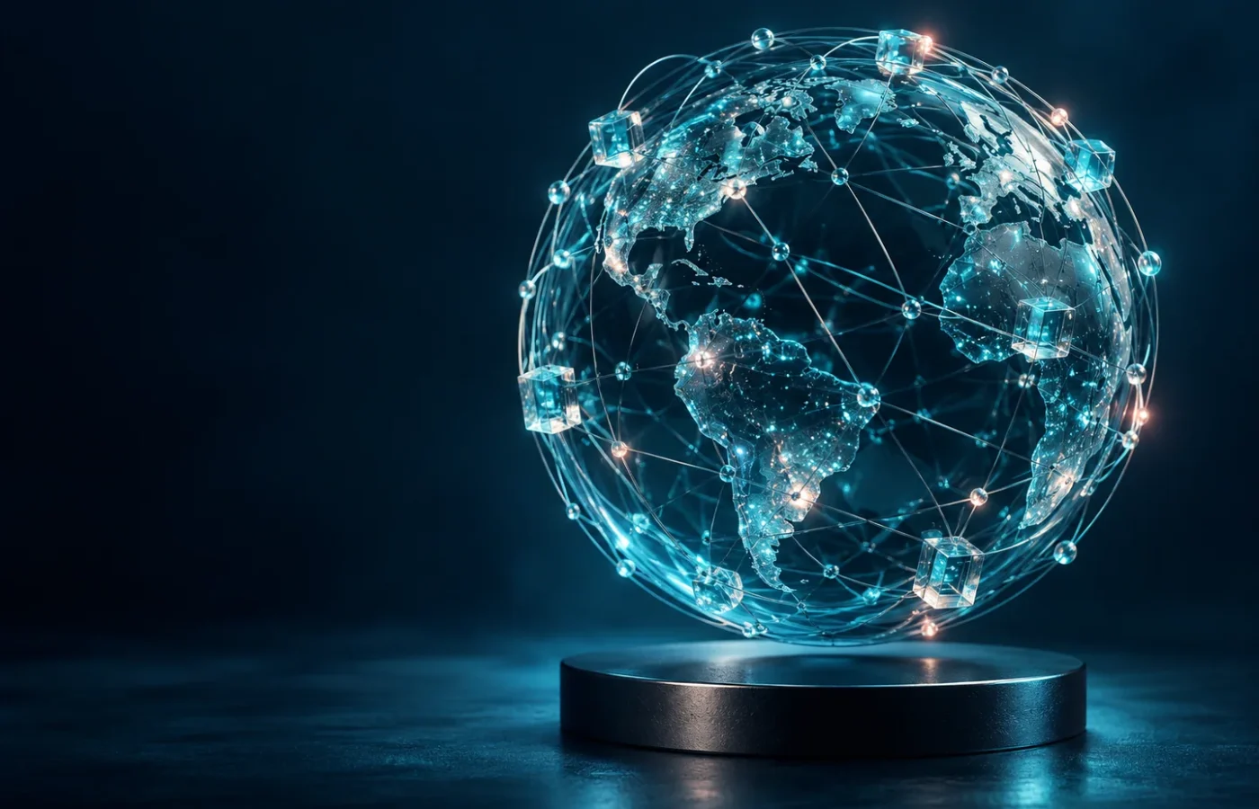 A luminous glass network globe on a dark studio background.