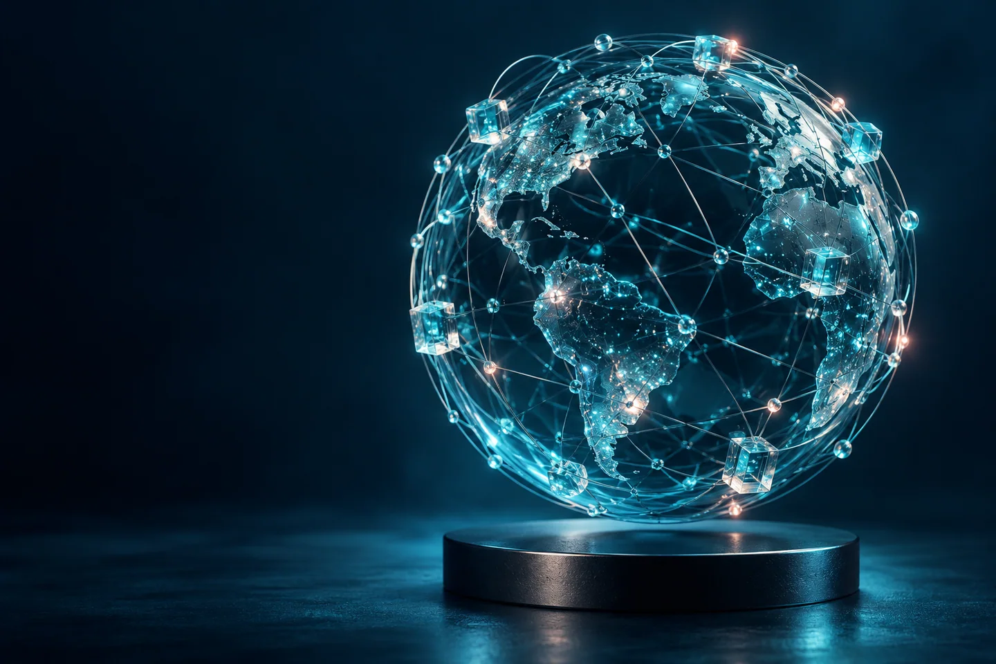 A luminous glass network globe on a dark studio background.