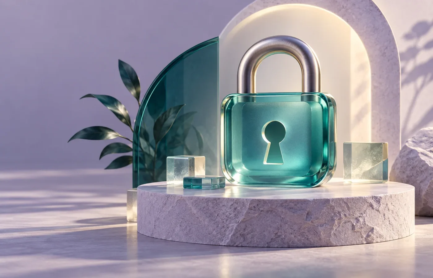 A sculptural glass padlock on a pale lavender pedestal.