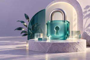 A sculptural glass padlock on a pale lavender pedestal.